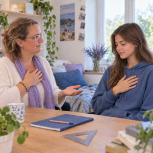 Marie-Anne Maillard accompagne une adolescente lors d’un exercice de respiration dans le cadre de Maths & Âme.
